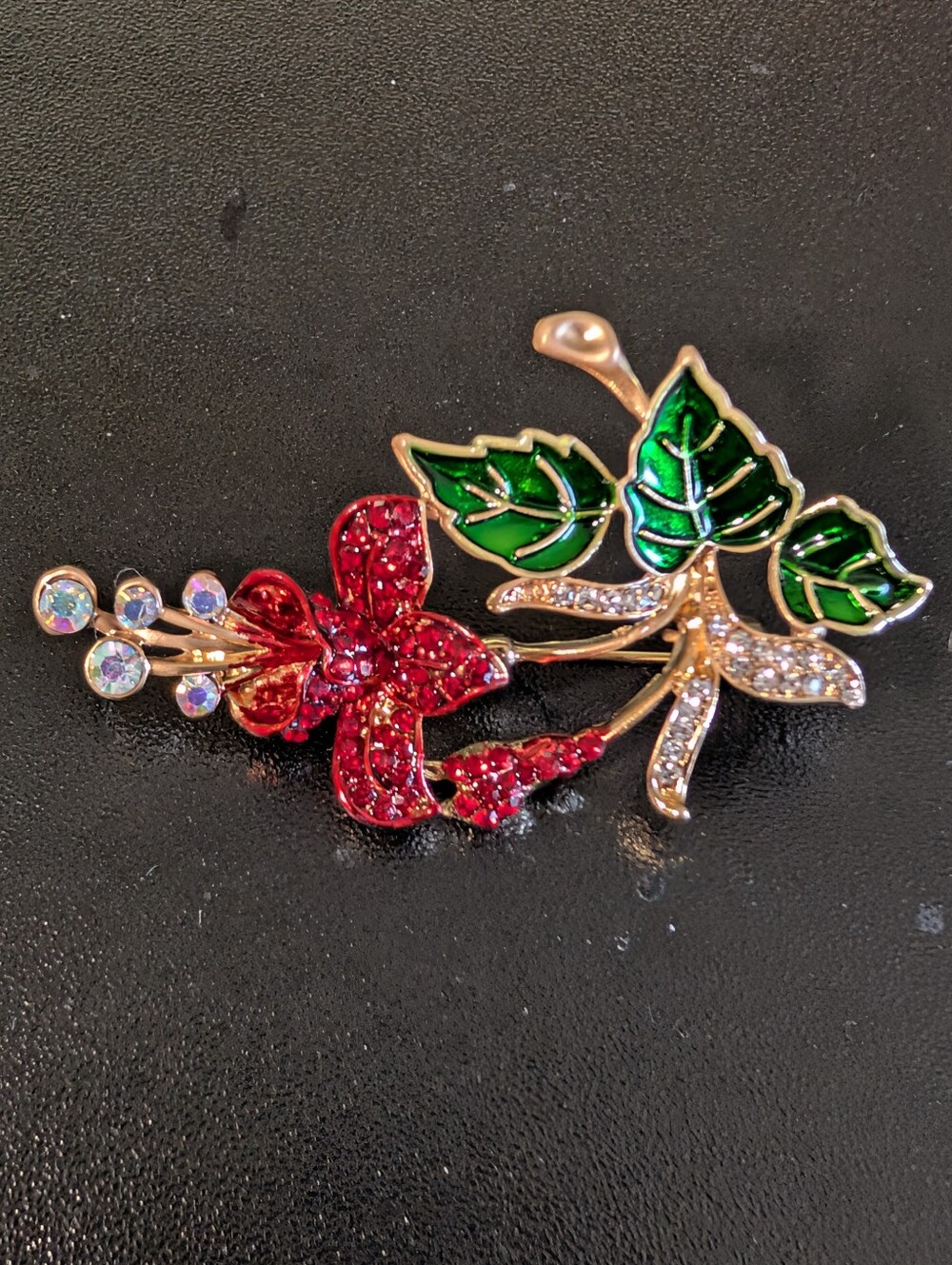 Floral Red and Green Crystal Brooch - Elegant Women's Jewelry